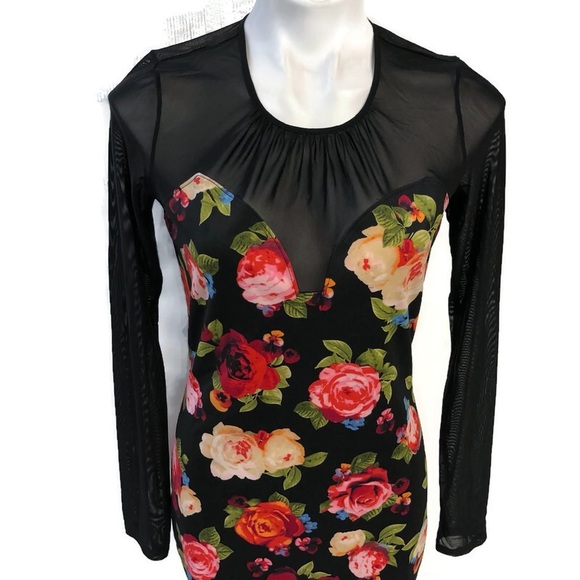 Woman’s Guess Sheer Floral Print Body Con Dress L - Picture 2 of 8